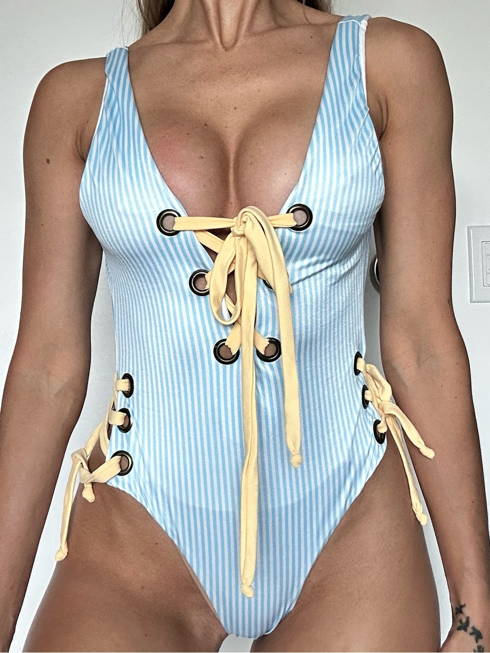 Women's Light Blue Stripe Lace-Up One-Piece Swimsuit